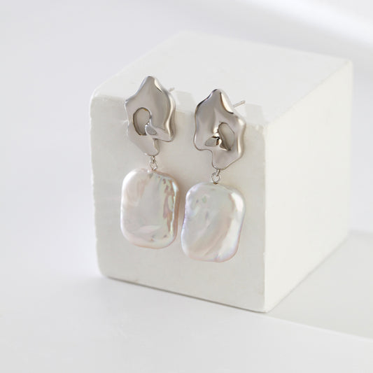 Sculpture Sterling Silver Pearl Earrings